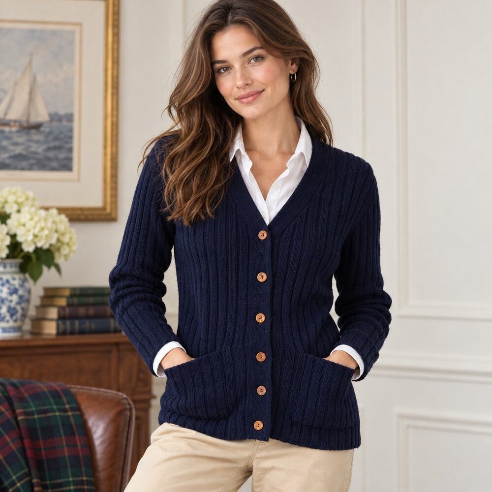 Vintage  Navy Blue Rib Knit Cardigan Sweater Copper Buttons Preppy M